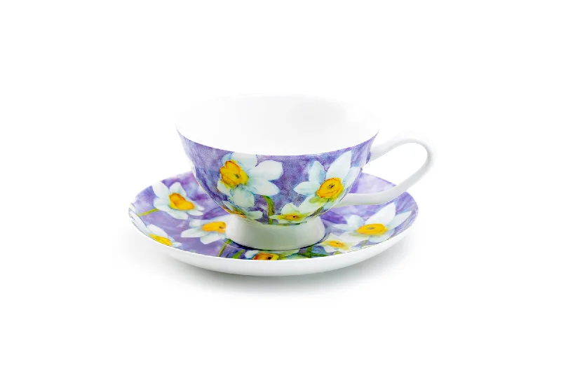 engraved ceramic coffee mugs -Daffodil Purple Bone China Tea Cup and Saucer