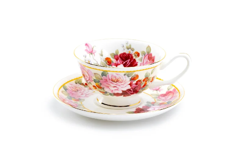 tea cups with lid -Peony and Strawberry Cream Bone China Tea Cup and Saucer