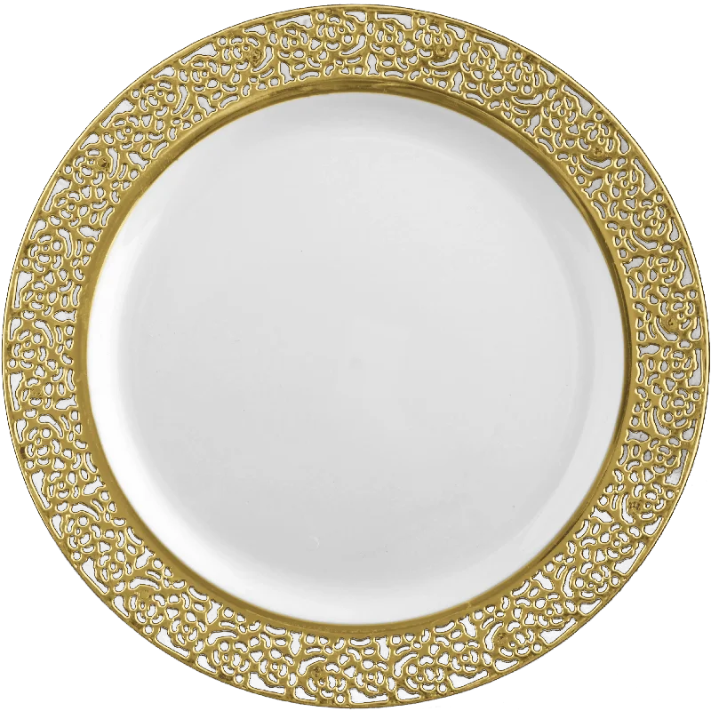 classic dinner plates for gatherings -White and Gold Round Plastic Plates - Lace