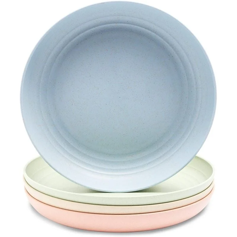 stackable plates for small spaces -4-Pack Wheat Straw Plate 8.75" Unbreakable Microwave Safe Eco-Friendly Tableware - 8.75" X 1.25"