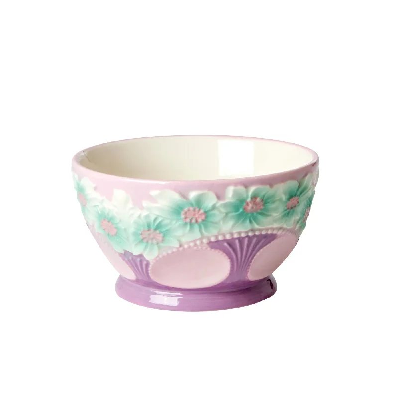 durable serving spoons -Rice DK Ceramic Bowl With Embossed Flower Design - Lavender - Small