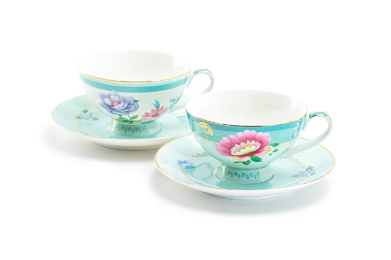 metal coffee mugs -Mint Flower Garden Fine Porcelain Cup and Saucer Sets