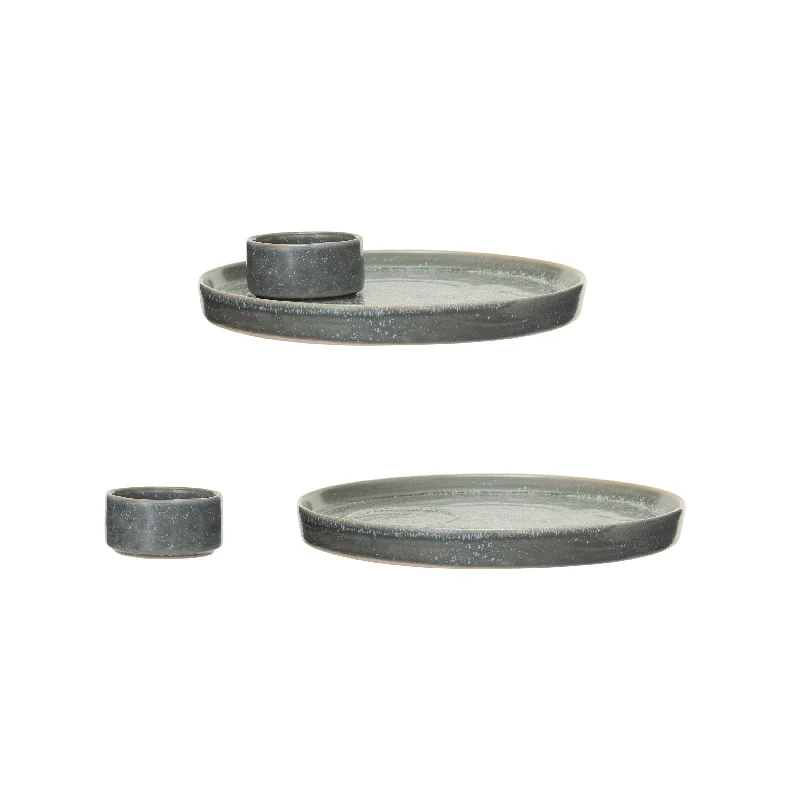 stainless steel dinnerware set -Matte Stoneware Serving Plate with Dish - 9.3"L x 9.3"W x 1.8"H - 9.3"L x 9.3"W x 1.8"H