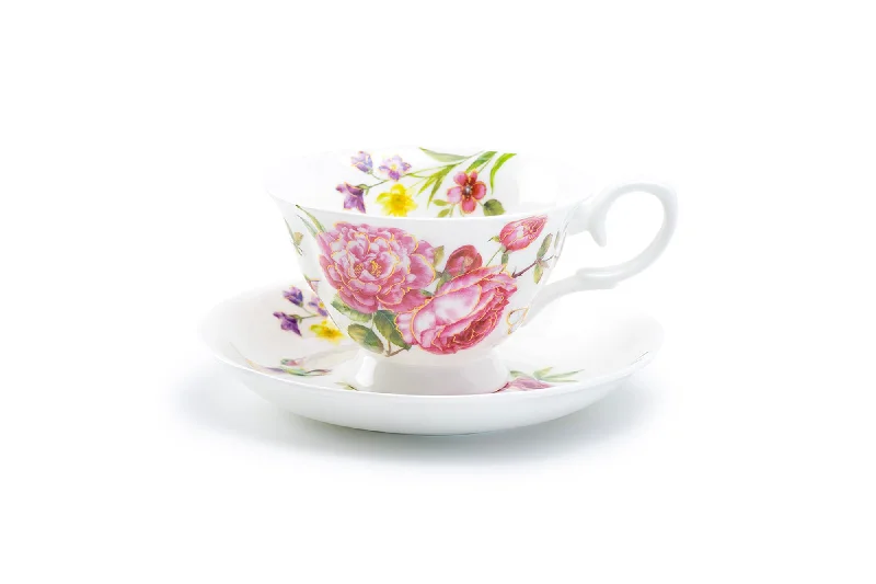 premium coffee cups -Pink Rose with Hummingbird Bone China Tea Cup and Saucer