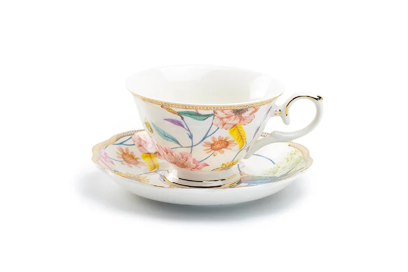 unique coffee cups with logos -Spring Flowers with Hummingbird Fine Porcelain Fluted Cup and Saucer