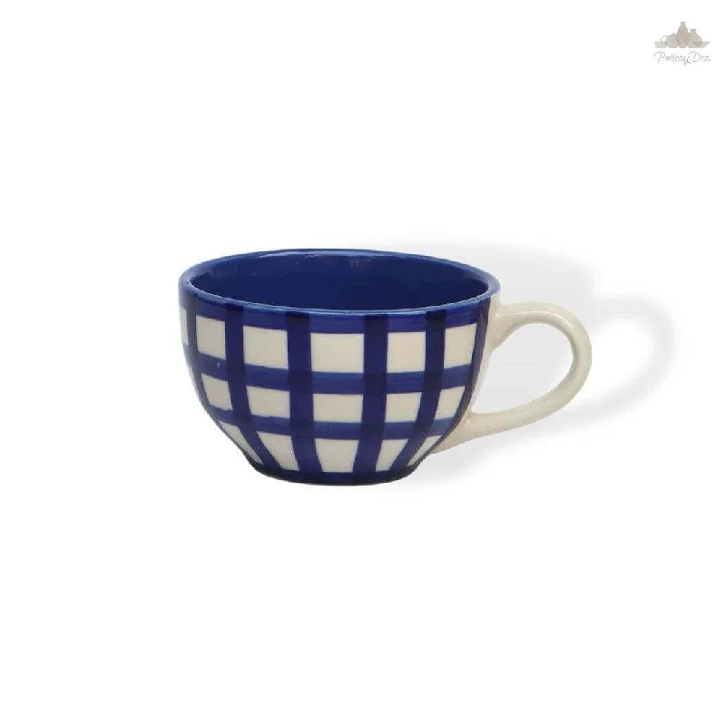 large personalized coffee cups -Blue Checks Cappuccino Coffee Cup | Height 6 cm | Diameter 10.5 cm |  Hand Painted |  Set of 1 | Ceramic Pottery | 350 ml | Ideal for Tea and Coffee