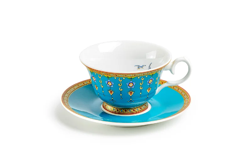 stainless steel coffee mugs for work -Royal Turquoise Voyage Bone China Tea Cup and Saucer