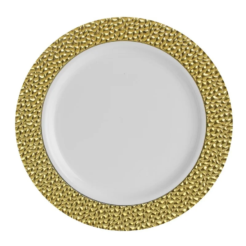 outdoor disposable plates and cups -White and Gold Round Plastic Plates - Hammered