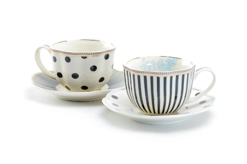 creative tea cups for gifts -Dark Gray Stripes and Dots with Blue Toile Fine Porcelain Cup and Saucer Set of 2