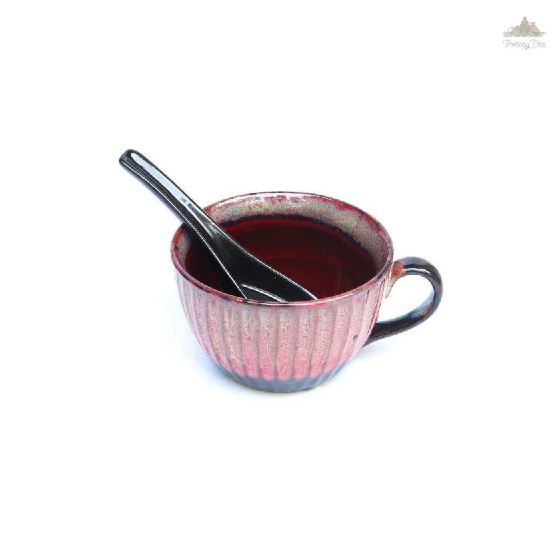 best custom tea mugs -Shaded Maroon Soup Cup With Spoon | Height 7 cm | Diameter 11 cm | Hand Painted |  Set of 1 | Ceramic Pottery | Ideal for soup serving