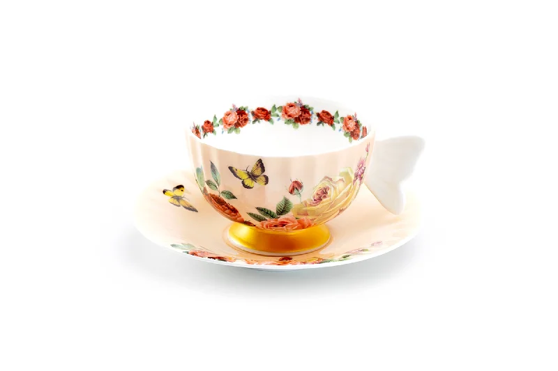 wooden coffee cups -Rose Butterfly Bone China Tea Cup and Saucer