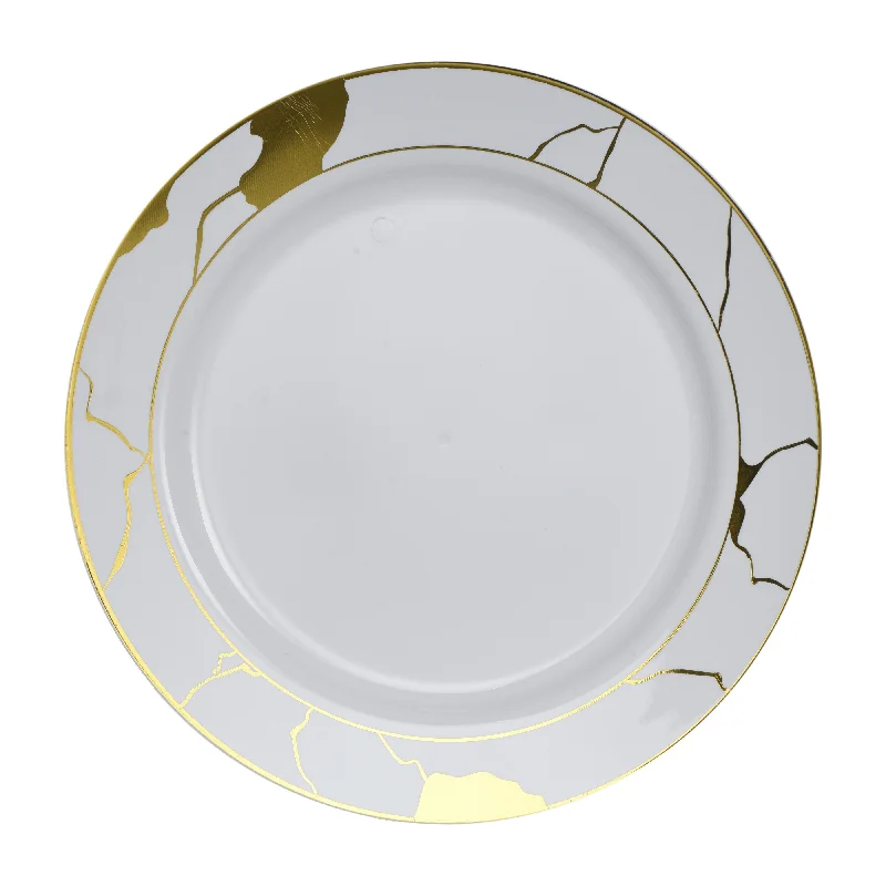 modern plastic serving trays -White and Gold Round Plastic Plates - Marble