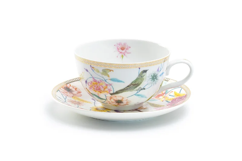 custom printed coffee mugs -Spring Flowers with Bird Fine Porcelain Latte Cup and Saucer