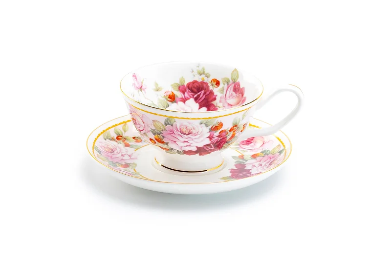 novelty tea mugs -Peony and Strawberry Pink Bone China Tea Cup and Saucer