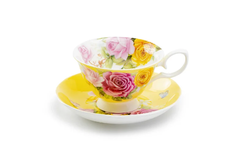 novelty tea cups -Rose Bouquet Yellow Bone China Tea Cup and Saucer