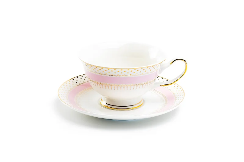 coffee cups with lid -Pink Stripe with Gold Dots Fine Porcelain Tea Cup and Saucer