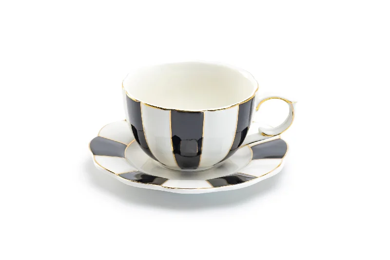 colorful ceramic mugs -Black and White Scallop Fine Porcelain Tea Cup and Saucer