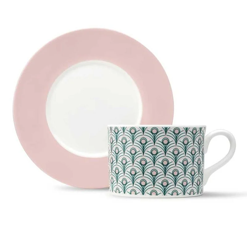 cute mugs for gifts -Peacock Cup and Saucer 250ml, Teal & Blush Pink