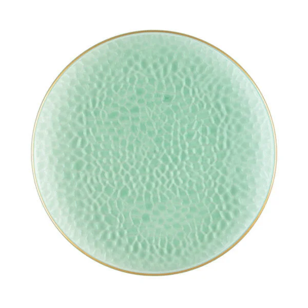 eco-friendly dinner plates for picnics -Green and Gold Round Hammered Plastic Plates - Organic Hammered