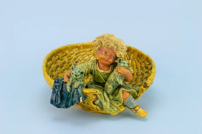 fancy dessert plates -Majolica Bowl Boy Playing With Cats, Austrian Circa 1890