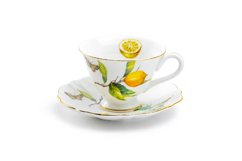 novelty coffee mugs for office -Lemon Butterfly Fine Porcelain Tea Cup and Saucer