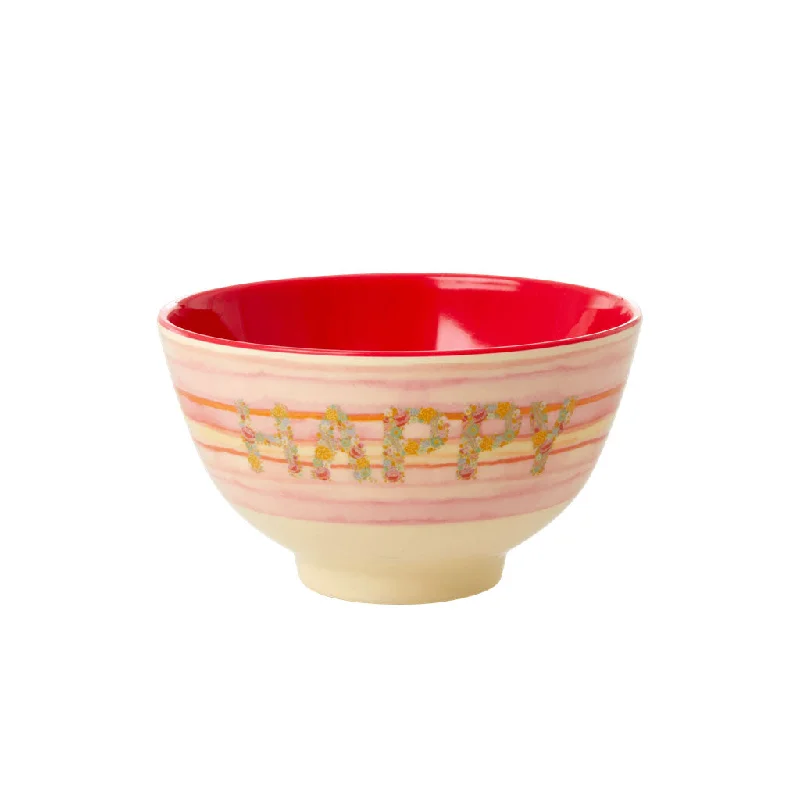 elegant serving utensils for dinner -Rice DK Melamine Bowl with Pink 'Happy' Print - Two Tone - Small