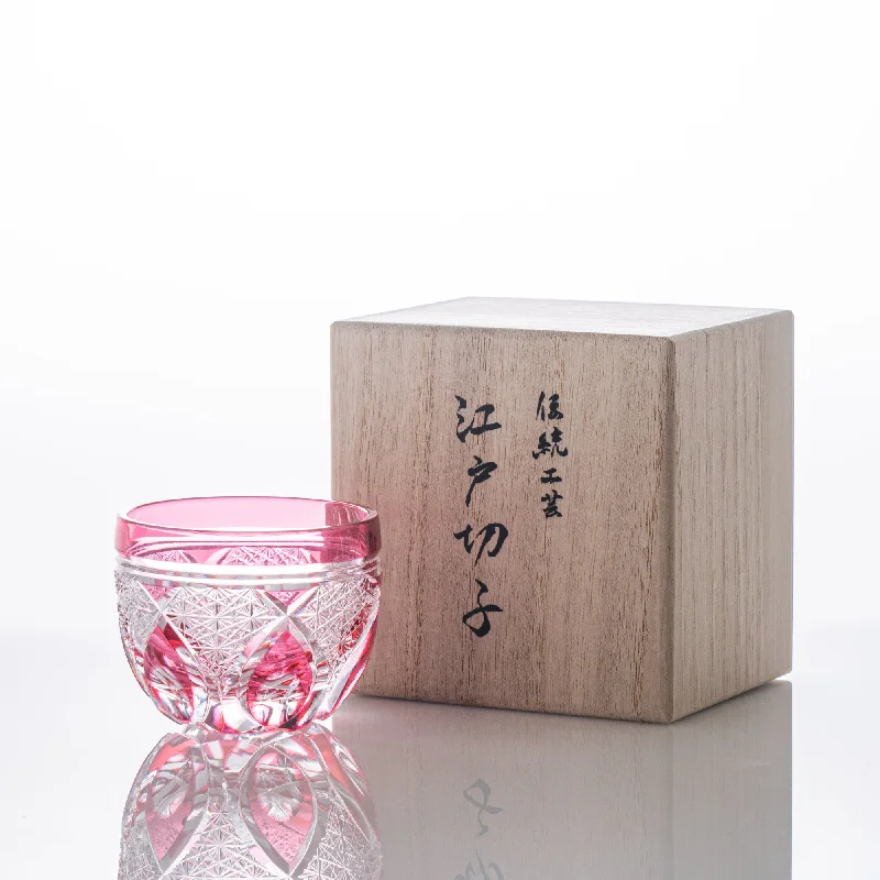 custom cups for gifts -Kiyohide Glass Pink Flower Petals Edo Kiriko Cut Glass Guinomi Sake Cup