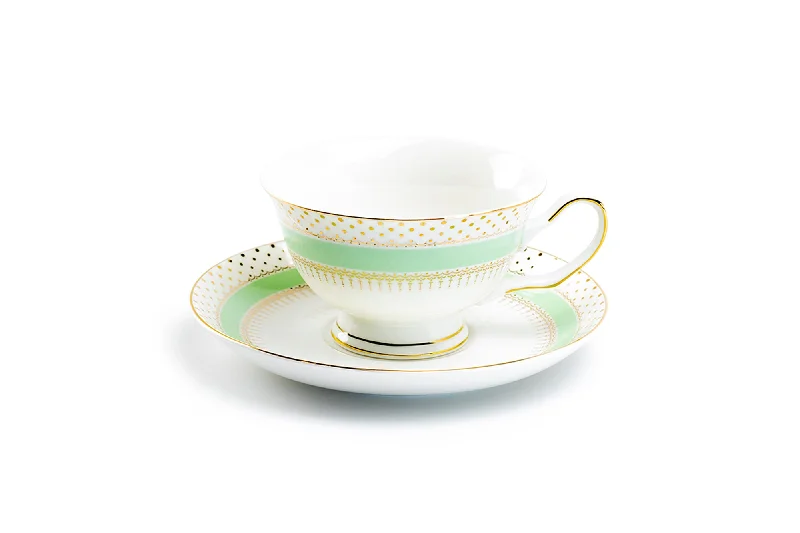 coffee cups for gifts -Mint Green Stripe with Gold Dots Fine Porcelain Tea Cup and Saucer