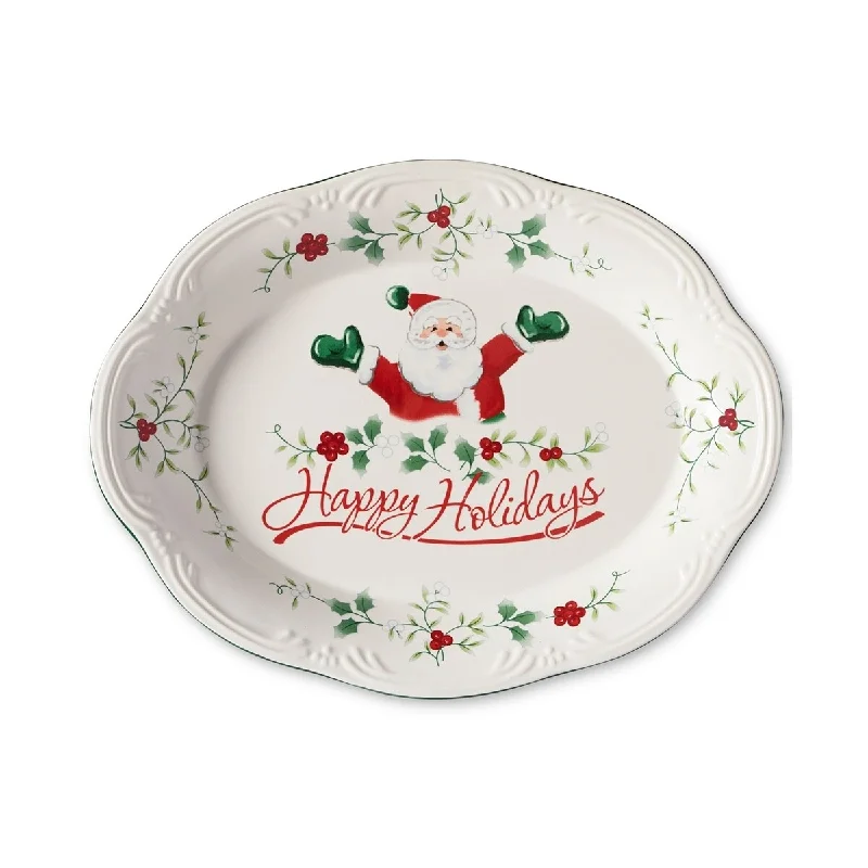 colorful salad bowls -Pfaltzgraff Winterberry Happy Holidays Santa 11 Oval Stoneware Platter - White - 11"