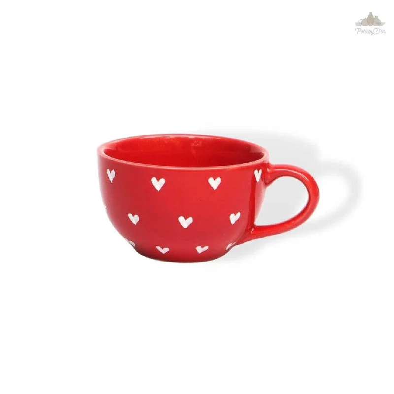 funny ceramic coffee cups -Red Lovable Hearts Cappuccino Cup | Height 6 cm | Diameter 10.5 cm | Hand Painted |    Set of 1 | Ceramic Pottery | 350 ml | Ideal for Tea and Coffee