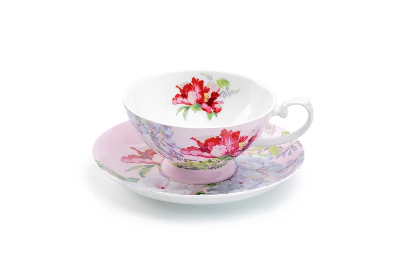 cute animal coffee mugs -Red Peony Pink Bone China Cup and Saucer