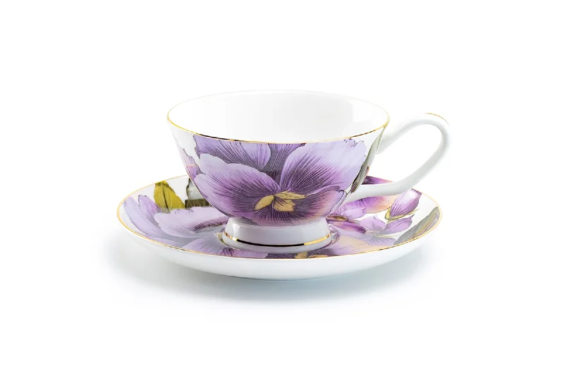 coffee mugs for couples -Purple Gold Pansy Bone China Tea Cup and Saucer