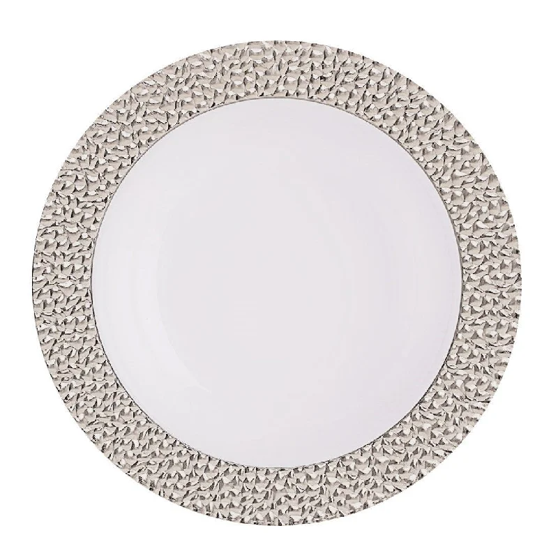 child-friendly dinnerware sets -White and Silver Round Plastic Plates - Hammered