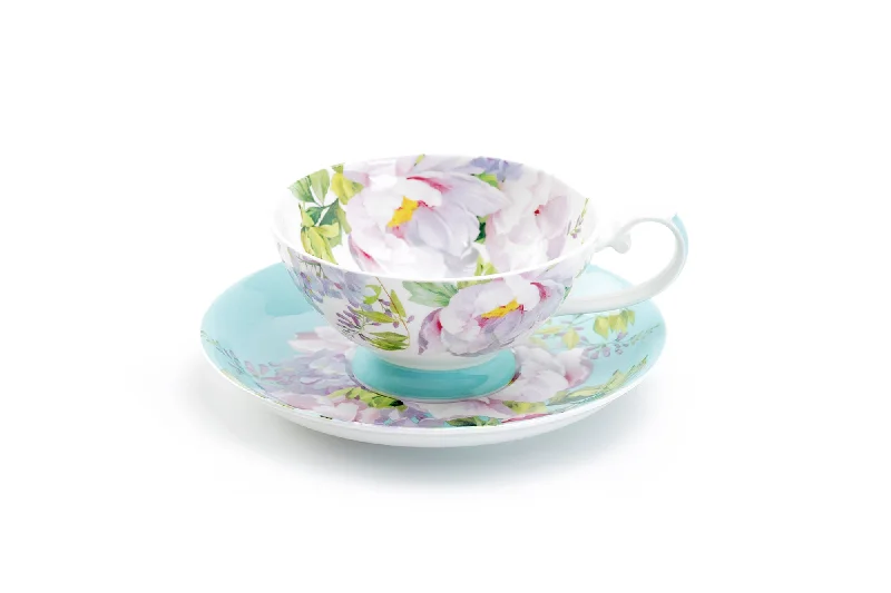 black tea cups -Peony Bloom Blue Bone China Cup and Saucer