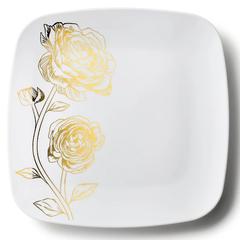 compostable dinner plates -White and Gold Square Plastic Plates - Peony