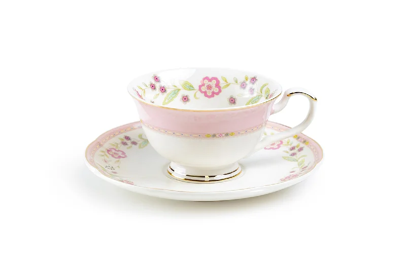 wholesale coffee mugs -Pink Corn Flowers with Pink Rim Fine Porcelain Tea Cup and Saucer