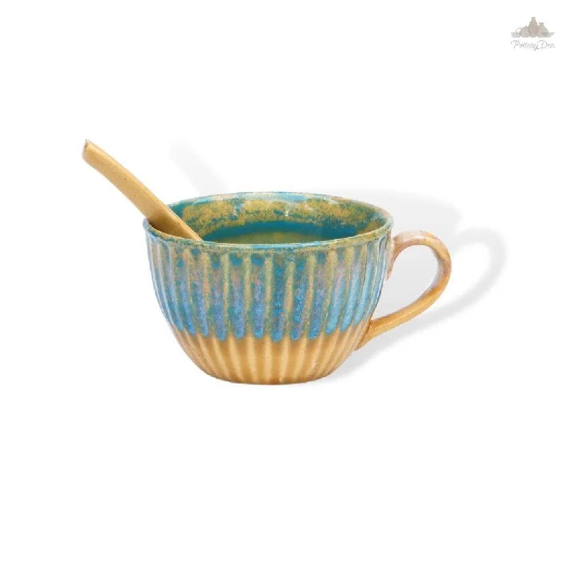 best personalized tea mugs -Mustard and green shaded soup cup with spoon | Height 7 cm | Diameter 11 cm | Hand Painted |  Set of 1 | Ceramic Pottery | Ideal for soup serving