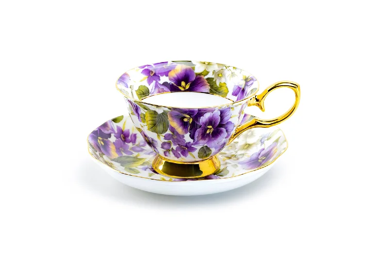 holiday themed coffee mugs -Purple Pansy Gold Bone China Tea Cup and Saucer