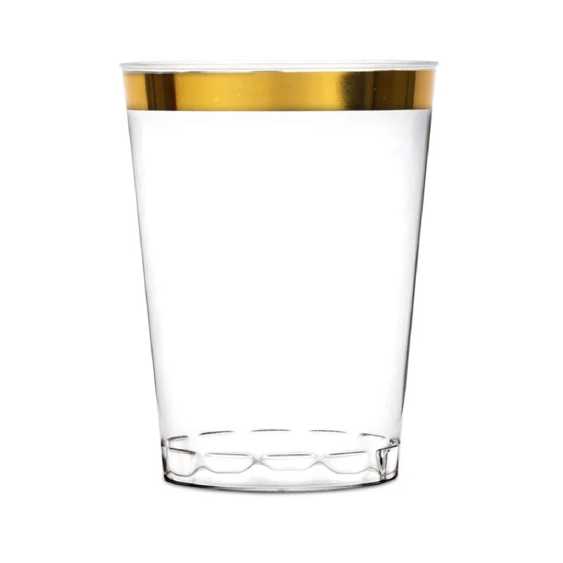 insulated travel cups for tea -BULK Plastic Disposable Cups Gold Rim Tumblers 10 oz Jumbo Pack