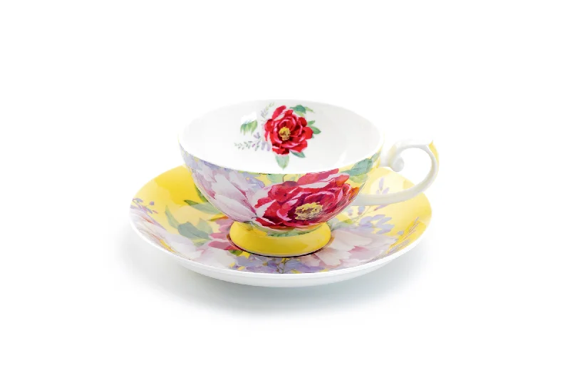 retro coffee mugs -Red Peony Yellow Bone China Cup and Saucer