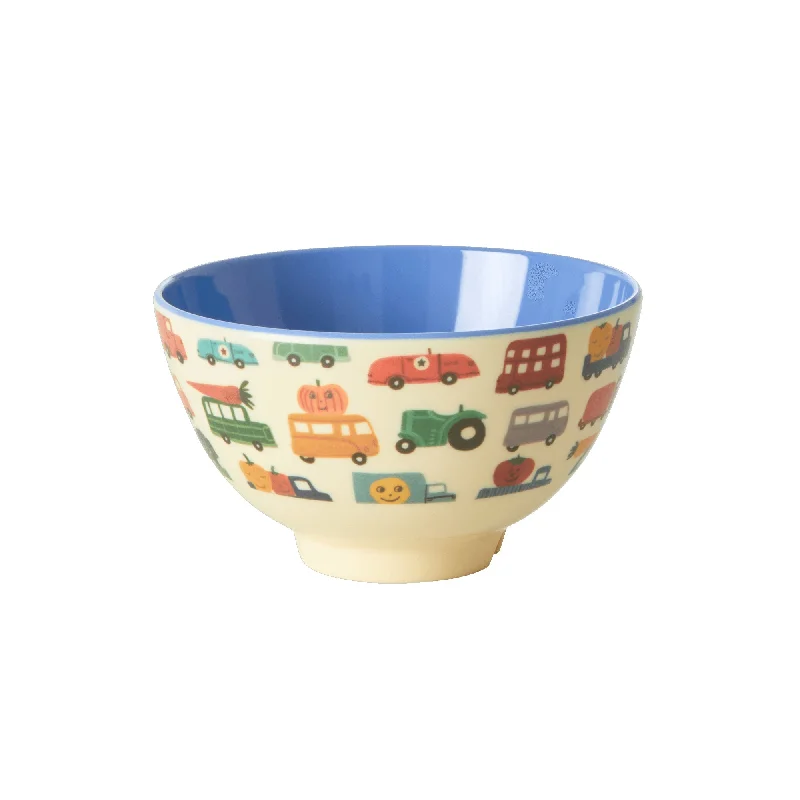 eco-friendly party plates -Rice DK Melamine Bowl with Happy Cars Print - Two Tone - Small