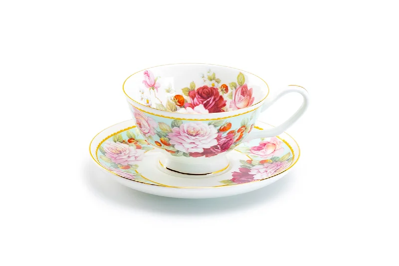 engraved tea mugs -Peony and Strawberry Mint Bone China Tea Cup and Saucer