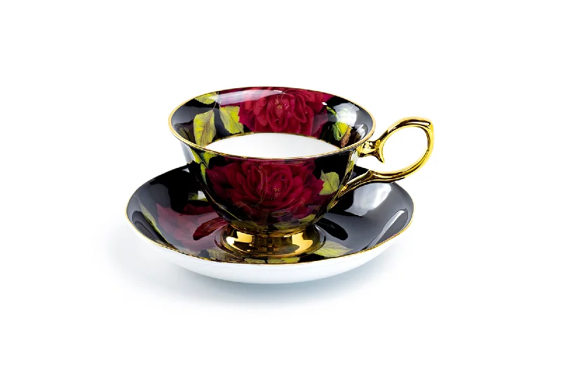 custom engraved coffee cups -Gold Black Stem Rose Bone China Tea Cup and Saucer