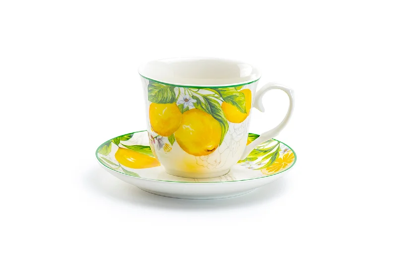 stainless steel coffee mugs for camping -Lemon Garden Fine Porcelain Tea Cup and Saucer