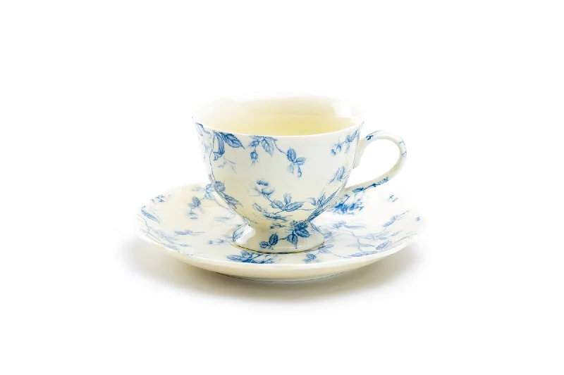 custom photo mugs -Blue Rose Toile Fine Porcelain Tea Cup and Saucer