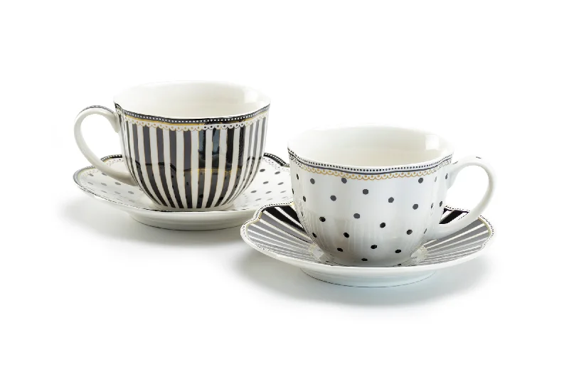 reusable tea cups -Black Josephine Stripes and Dots Fine Porcelain Cup and Saucer Sets