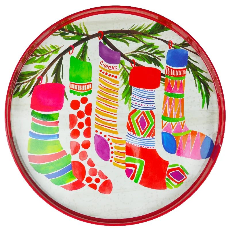 durable ceramic dinnerware -Christmas Stockings Round Lacquer Tray