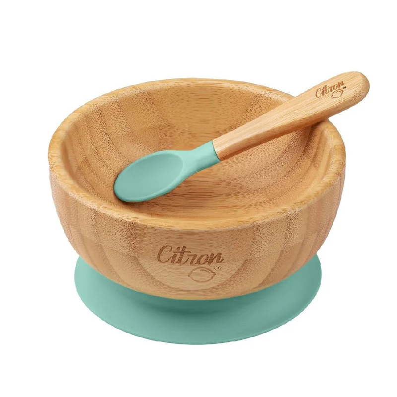 eco-friendly reusable plates -Citron Bamboo Suction Bowl with Spoon - Dusty Green