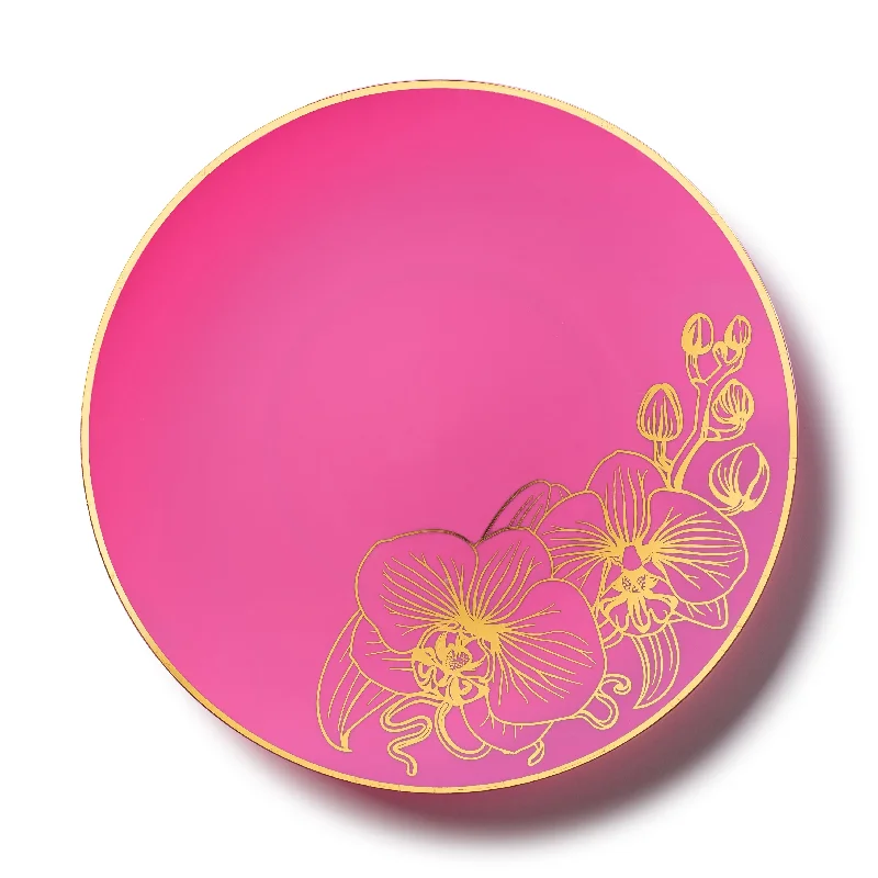 dinnerware for family gatherings -Fuchsia and Gold Round Plastic Plates - Orchid