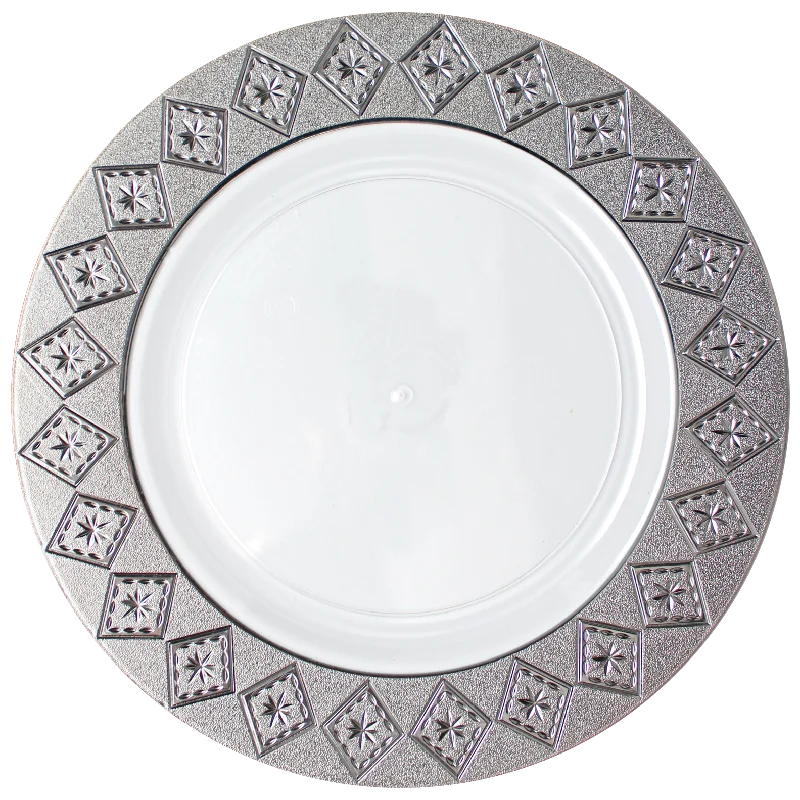 vintage dinner plates -White and Silver Round Plastic Plates - Imperial